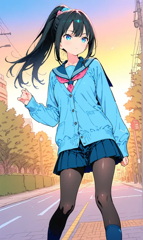 (watercolor:0.4)、(  pastel  :0.6)、 black hair:2,  1girl , {{{M-shaped legs}}}, [[[flat color, anime coloring, hatching, sketch]]], year2024, ai-generated, puppet, dot nose, cute, kawaii, Shibuya city, Alone,  serafuku, long ponytail, navy pleated skirt, sh...