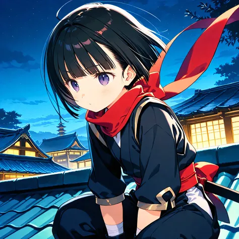 (masterpiece), (best quality), (ultra-detailed),artist:mitsumi_misato,1girl, little female, ninja, beautiful detailed eyes, short hair, black hair, blunt bangs, stance, rooftop,  outdoors, night, wind,fantasy,very aesthetic illustration