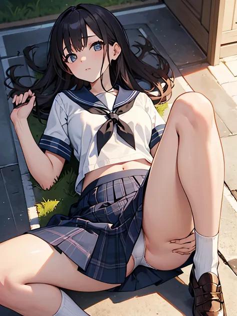  super high resolution , woman、Short sleeve、sailor suit、 Tartan Check Miniskirt 、white panties、 bend your knees and open your legs、Lying on one&#39;s back、Perfect limbs、Show it off、 White Over Knee High Stockings、small breasts、plump body、身体にフィットしたsailor su...