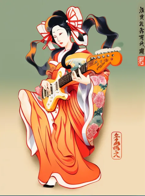  A woman in a kimono dress plays a Fender Stratocaster guitar, A woman in an E , japanese mature, Japanese illustrator, inspired by Koryusai Isoda, Japanese goddesses, Japanese sexy illustration ,  the face is beautiful 。