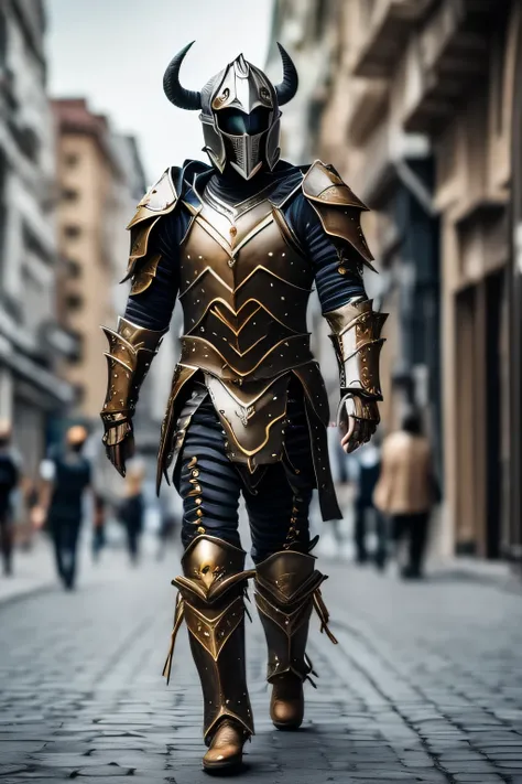 creates an ultra-realistic character in futuristic suit walking on a street. The background is blurred and the armour is filled with mechanical objects. The helmet has skull-shaped horns