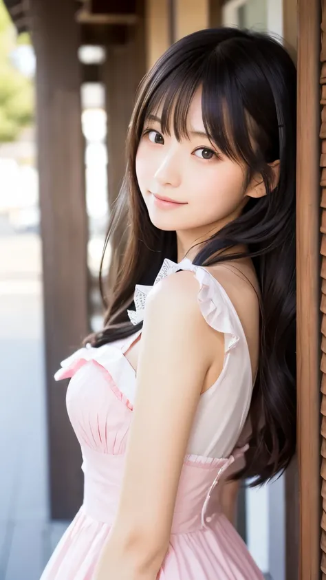 Japanese woman who looks like an idol ,long hair , straight hair , round face ,bust up , pink ruffled maid dress , as shown in the picture ,  High School