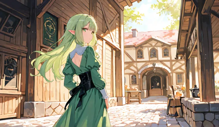 A petite elf with vibrant green hair turns around gracefully in a charming European timber-framed town. The cobblestone streets are lined with half-timbered houses, their wooden beams and colorful facades creating a picturesque medieval atmosphere. The elf...