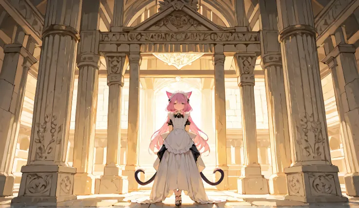 A petite cat-eared girl with a Japanese facial appearance stands inside an ancient Greek temple, dressed in a classic maid outfit. She gracefully turns around, her feline ears twitching slightly as she gazes back with a gentle expression. The grand marble ...