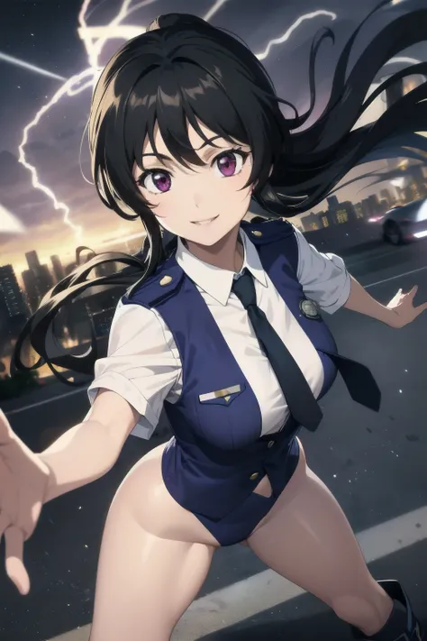 best quality, masterpiece, portrait, kobayakawa miyuki, black hair, purple eyes, long hair, medium breasts, low ponytail, sidelocks, police uniform, police woman, vest, necktie, looking at viewer, outdoors, city, street, smile, leotard, bare legs, boots, s...