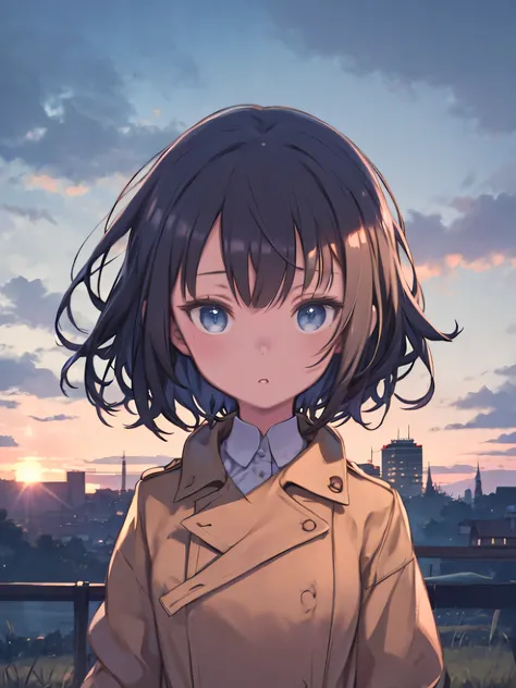 A girl in a coat stands on the prairie、black hair short hair、Blue Eyes、upper body、 brown coat、front opening、white shirt、 black pants 、trench coat、