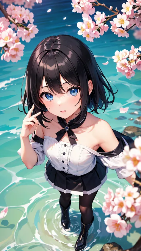 (masterpiece,best image quality,high quality),beautiful girl,beautiful eyes,black hair,face shot,blue eyes,looking up,from above,flying to the sky cherry blossom flowers,small river,standing,right hand up,anatomically correct body,white offshoulder dress,s...