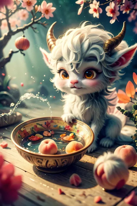 whimsical airbrush and oil painting, best angle of a Very cute mythical graceful transparent anthropomorphic furry satyr holds a goinya bowl, thin arms, fragile legs, satyr spirit, Mystical garden where peach tree grows in a professional photograph by Awwc...
