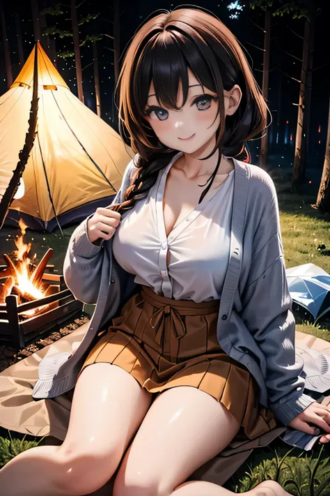 ((((late night campsite: 1.3))), (tent: 1.3), (Bonfire Light: 1.3), mature woman sitting in front of a bonfire and burning firewood in a sexy outfit suitable for summer camp, (fishbone braided hair), attractive adult woman walking on the playground), (see-...