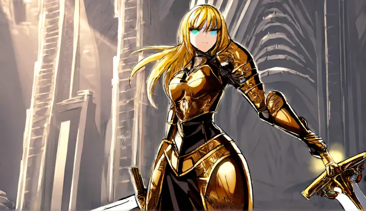 An anime-style blonde girl dressed in a majestic golden Western-style suit of armor stands in front of a grand medieval castle. She holds a glowing sword in her right hand, its radiant light reflecting off her polished armor. As she gracefully turns around...