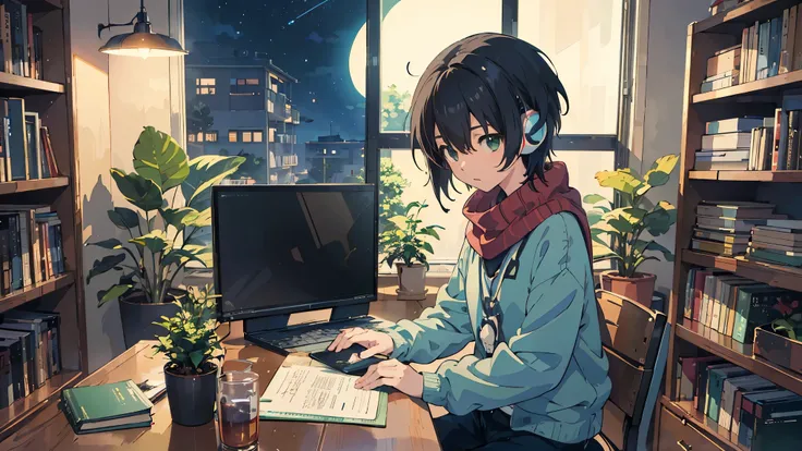 (best quality,masterpiece,super high resolution,super detailed:1.2), anime girl sitting at desk studying, Light green sweater, black shorts, Red scarf with black stripes,  black hair, Pretty Eyes, laptop and headphones,  potted plants, books, bookshelf, ni...