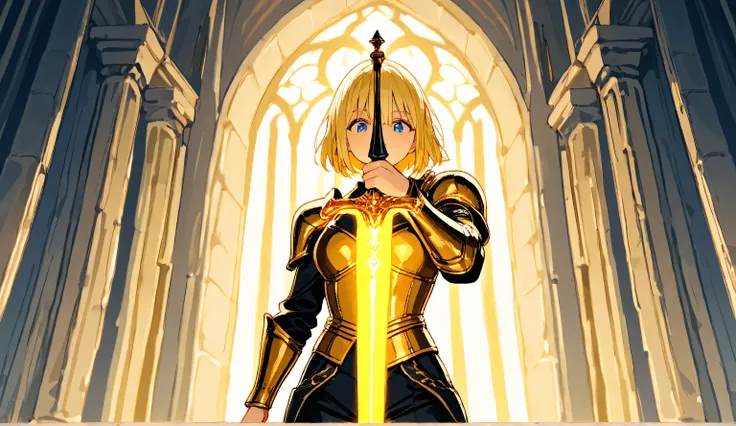 An anime-style blonde girl dressed in a majestic golden Western-style suit of armor stands in front of a grand medieval castle. She holds a glowing sword in her right hand, its radiant light reflecting off her polished armor. As she gracefully turns around...