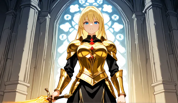 An anime-style blonde girl dressed in a majestic golden Western-style suit of armor stands in front of a grand medieval castle. She holds a glowing sword in her right hand, its radiant light reflecting off her polished armor. As she gracefully turns around...