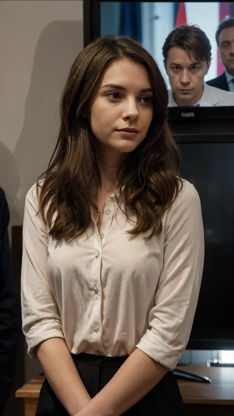  An elegant young woman , with wavy brown hair and thoughtful expression,  Between Shadows and Lights, appear on a television screen next to the German chancellor, while a crowd watches apprehensively. 