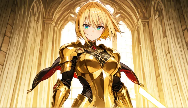 An anime-style blonde girl dressed in a majestic golden Western-style suit of armor stands in front of a grand medieval castle. She holds a glowing sword in her right hand, its radiant light reflecting off her polished armor. As she gracefully turns around...