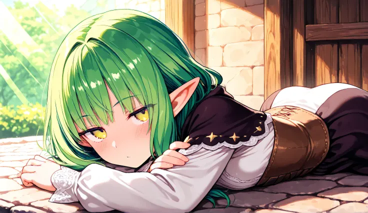 A petite elf with vibrant green hair turns around gracefully in a charming European timber-framed town. The cobblestone streets are lined with half-timbered houses, their wooden beams and colorful facades creating a picturesque medieval atmosphere. The elf...