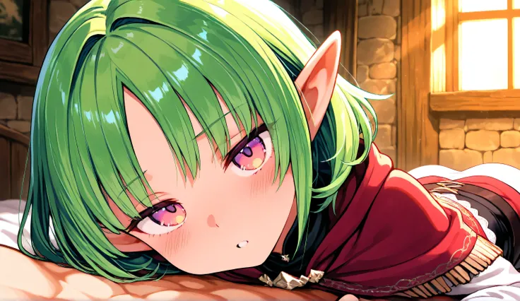 A petite elf with vibrant green hair turns around gracefully in a charming European timber-framed town. The cobblestone streets are lined with half-timbered houses, their wooden beams and colorful facades creating a picturesque medieval atmosphere. The elf...