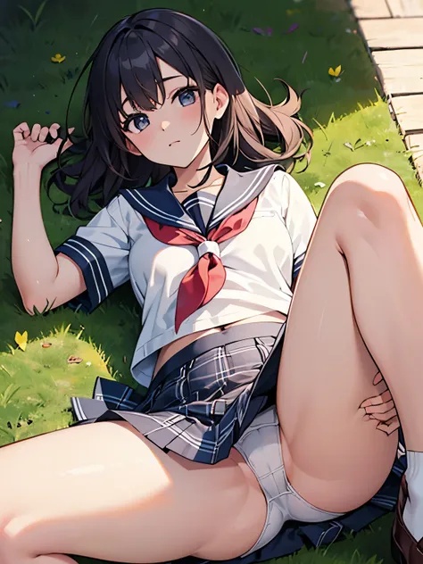  super high resolution , woman、Short sleeve、sailor suit、 Tartan Check Miniskirt 、white panties、 bend your knees and open your legs、Lying on one&#39;s back、Perfect limbs、Show it off、 White Over Knee High Stockings、small breasts、plump body、身体にフィットしたsailor su...