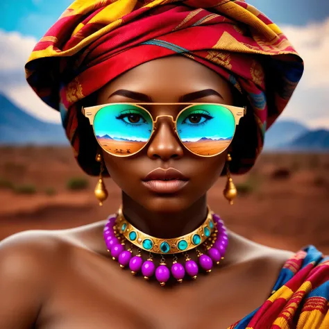 An award-winning masterful bold red carpet Vogue photoshoot of an Ethiopian princess woman wearing a vibrant multicolor intricate outfit with big earrings, featuring exotic sexy bold colors, with colorful sunglasses that reflect pictures of African landsca...