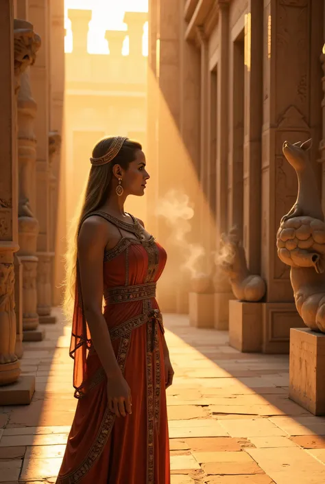 **Prompt:** Create a breathtaking visual representation of ancient Mesopotamia during the enchanting golden hour. Concentrate on a richly detailed scene within a majestic temple, adorned with intricate carvings and murals that reflect the vibrant culture o...