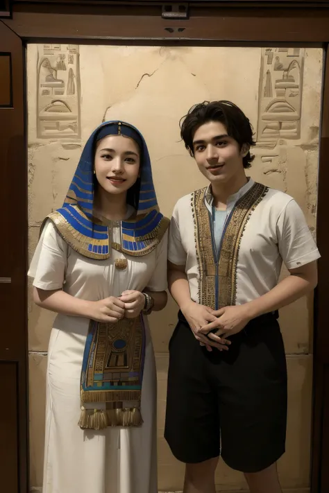 365 (20 year old woman and 20 year old man),(short hair), (high quality photos), (gentle smile), (colorful ancient egyptian costumes), (Rembrandt painting),(Hieroglyphs、Ancient Egyptian)