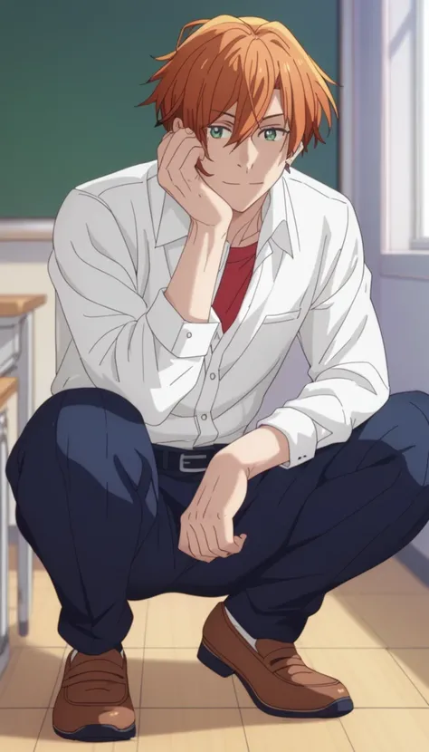 r, man, short hair, orange hair,  green eyes , navy blue school pants, white school dress shirt,  Arrogant smile,  squat pose, squatting pose, in a classroom, Sitting on the floor of the classroom