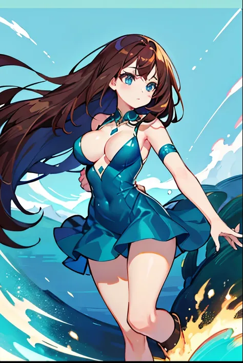 [high quality] turquoise blue eyes, cabello largo, cabello castaño ,  big breasts, turquoise blue stencion,  Brown-brown hair,  long hair, Full media image, Golden Phoenix wings and tail, turquoise blue eyes, PHOENIX WINGS, golden phoenix short dress