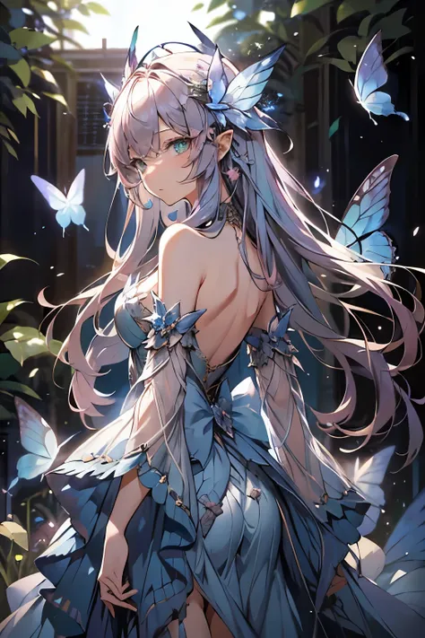 masterpiece、Concept Art、（very detailed）、Butterflies shining all around、Medium Shot、fairy butterfly 1 girl、（blue translucent butterfly wings on the back）、cute、side tail、elegant、pink flowing hair、blue magic dress、（mystical forest 1.5）、illuminated by graceful...