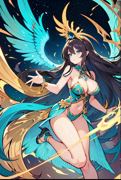 [high quality] turquoise blue eyes, cabello largo, cabello castaño , big breasts, turquoise blue stencion, Brown-brown hair, long hair, Full media image, Golden Phoenix wings and tail, turquoise blue eyes, PHOENIX WINGS, gold-colored short dress by Fenix D...