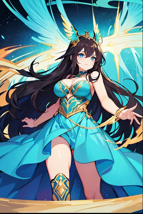 [high quality] turquoise blue eyes, cabello largo, cabello castaño , big breasts, turquoise blue stencion, Brown-brown hair, long hair, Full media image, Golden Phoenix wings and tail, turquoise blue eyes, PHOENIX WINGS, gold-colored short dress by Fenix D...