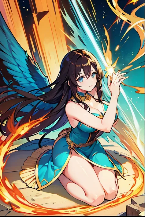 [high quality] turquoise blue eyes, cabello largo, cabello castaño , big breasts, turquoise blue stencion, brown-brown hair, cabello largo, Full media image, wings and tail of a golden phoenix, turquoise blue eyes, Phoenix Wings, golden Phoenix short dress...