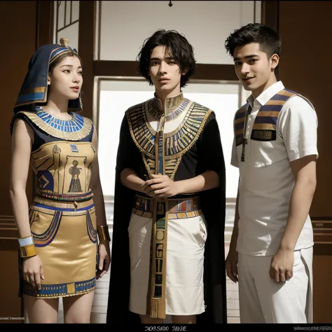 365 (20 year old woman and 20 year old man),(short hair), (high quality photos), (gentle smile), (colorful ancient egyptian costumes), (Rembrandt painting),(Hieroglyphs、Ancient Egyptian)