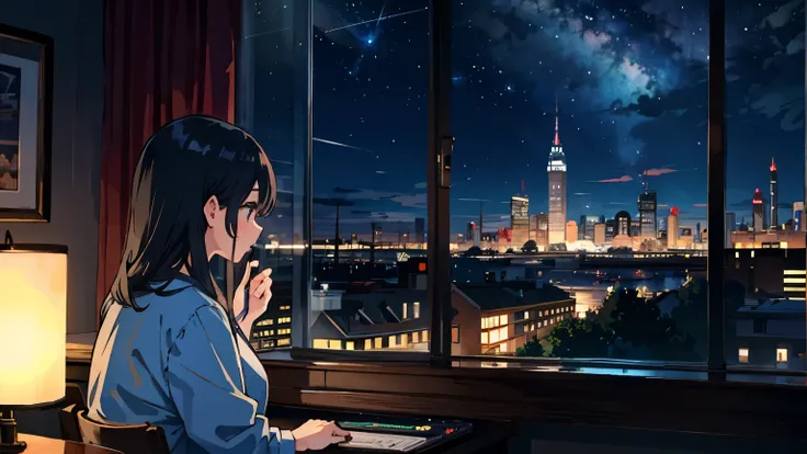 While listening to jazz music、Woman working on PC ,With both handsＰＣI'm hitting the key of、Night view in the window、 Building with beautiful night view in the background,4K