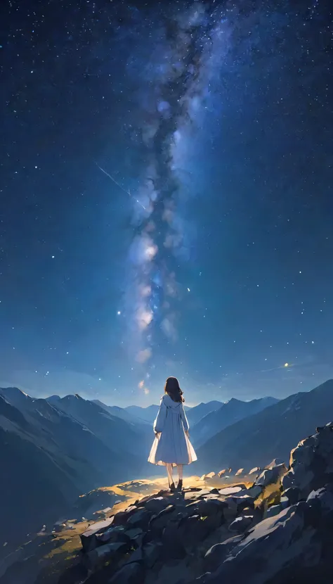 look up_Away、night、Respect:1.5、night空、milky way、Countless Stars々、one person's、8 heads、White dress with long sleeves、Box Dress、In the mountains、Dim lighting、Dark darkness