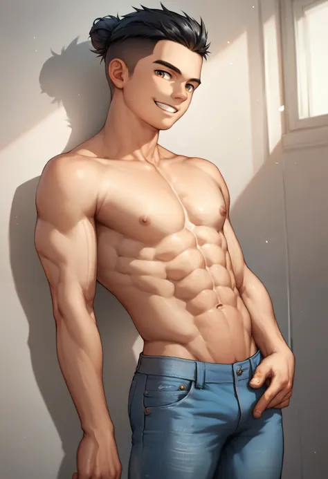  realistic.1young boy,manly shota,black hair(low bun hair, shaved sides) sexy muscular build(eight packs abs ),shirtless(wearing jeans pants), bodybuilder.SFW.smile