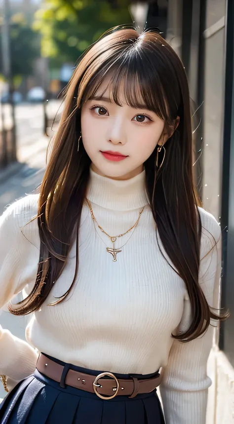 (beautiful girl、Cute Face、high school girl:1.3)、TOP QUALITY,8K image、Shapely breasts、bending forward、 knit 、Midi Skirt、belt、 high neck、earrings、necklaces、straight hair