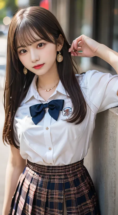 (beautiful girl、high school girl:1.3)、TOP QUALITY,8K image、Shapely breasts、bending forward、 plaid midi skirt、high school uniform、earrings、necklaces、straight hair