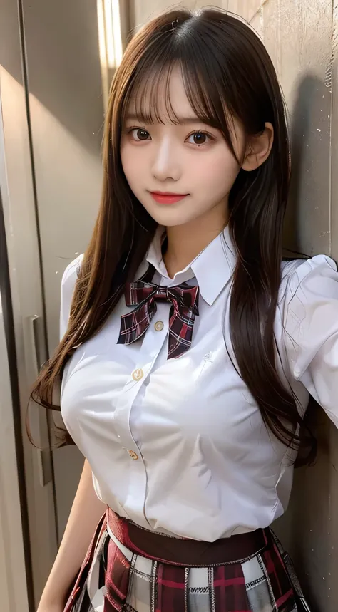 (beautiful girl、high school girl、 plaid midi skirt、high school uniform:1.3)、TOP QUALITY,8K image、Shapely breasts、straight hair