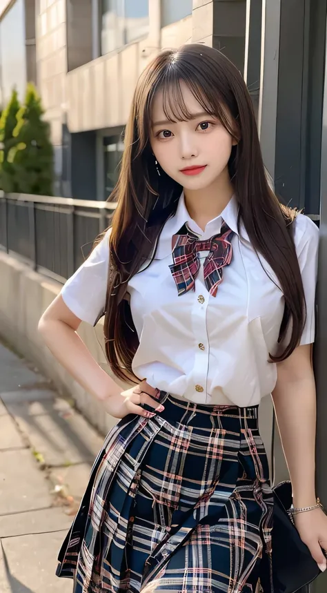 (beautiful girl、high school girl、 plaid midi skirt、high school uniform:1.3)、TOP QUALITY,8K image、Shapely breasts、straight hair