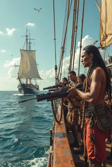 "Indians armed with modern weapons sail on Christopher Columbus ships, a surreal scene that combines historical elements with a futuristic twist.  The indigenous , dressed in a mix of attire traditional and modern details, wield rifles and advanced equipme...