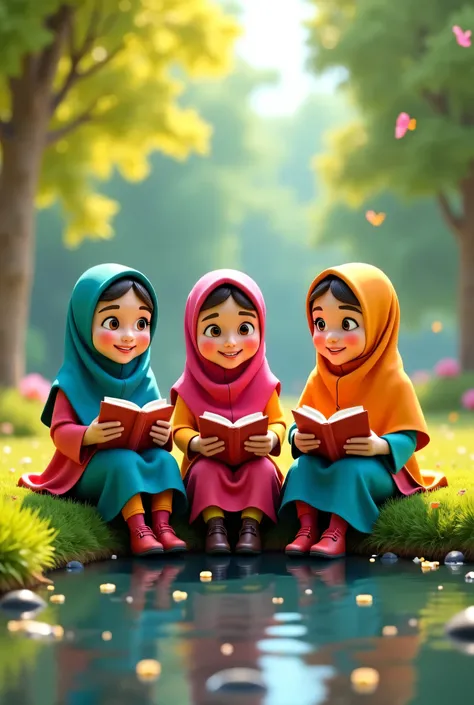 A 3D animated Disney Pixar styled scene where 3 girls wearing colourful hijabs and Muslim Matching colourful clothes holding one book each .Are sitting in a park where in front of them a stream is flowing.In background birds and butterflies are flying.