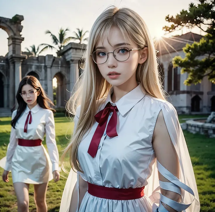 8K quality,  photos,  two beautiful girls, Beautiful like a goddess, The backlight of the sunset is so hazy that the figures are hazy, above chest shot at the ruins, (red thin string ribbon tie on blouse:1.2), (Thin silver rimmed glasses), (beautiful pale ...