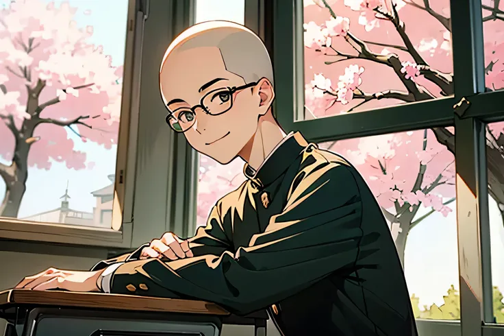  Japanese man 　　handsome　　　smile　In the classroom　　　 Outside the window is early spring and there is only one cherry tree　　　glasses　　glasses 　　　　Shaved head　Shaved head　 skinhead　　　Shaved head　Shaved head　 skinhead　　　　Black school run　 school uniform　Black...