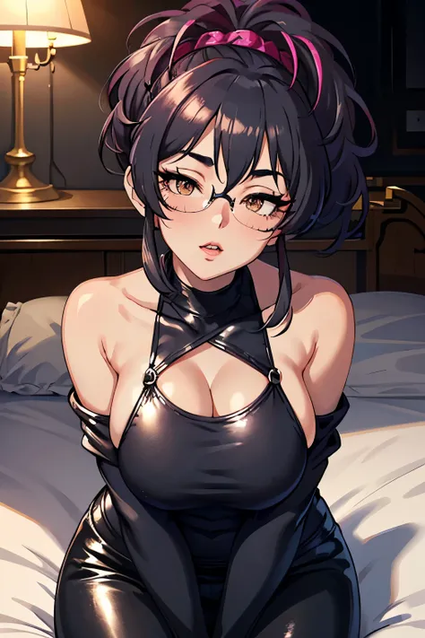 A sexy, cute and seductive baddie with a beautiful face with black hair in a ponytail, seductive half-lidded eyes with a lot of kohl eyeliner and mascara gazing intensely, wearing glasses, perfect sculpted eyebrows tilted, rosy cheeks blushing, pink glossy...