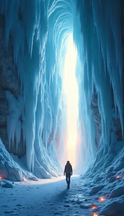 A massive ice cave illuminated by ethereal blue and white moonlight. The icicles hanging from the ceiling sparkle like diamonds, and the ground glows with a soft luminescence. At the far end of the cave, a radiant golden light spills in from a hidden openi...