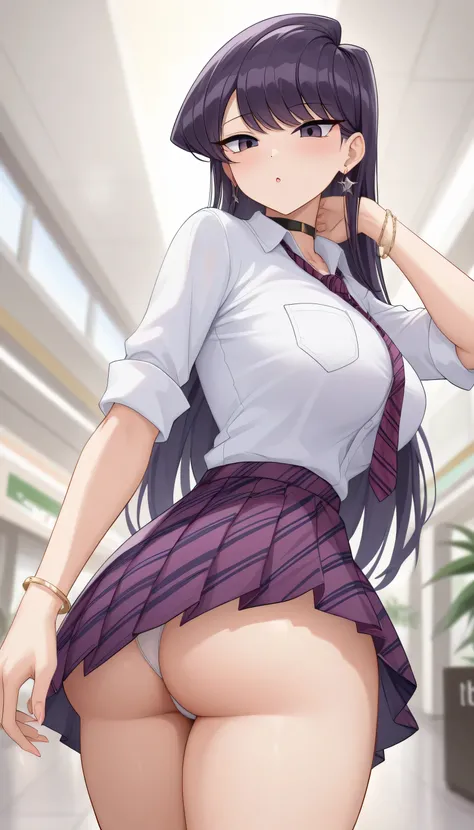 ((masterpiece、 best quality、 very detailed))、 one girl、Komi Shouko, long hair, bangs, purple eyes, purple hair, purple skirt, shirt, jewelry, school uniform, white shirt, mini skirt, pleated skirt, earrings, necktie, choker, bracelet, blue skirt, plaid, bl...