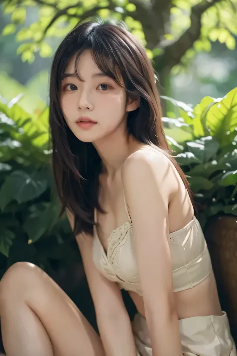 24 year old Japanese woman,top quality,masterpiece,realistic,Half-up hairstyle,upper body,intricate facial features,serene expression,sitting pose,natural lighting,photorealistic,vibrant colors,intricate background details,lush foliage,warm lighting,digita...