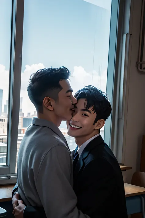 Two Japanese men　　handsome　 short dark hair  　Shaved head　Shaved head　adult　short cropped 　　smile　In the classroom　　Outside the window is a group of snowy futuristic city skyscrapers　 two men are black school runs　 two men are black school runs　The two emb...