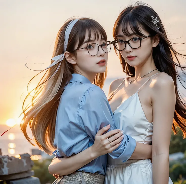 8K quality,  photos,  two beautiful girls, Beautiful like a goddess, The backlight of the sunset is so hazy that the figures are hazy, above chest shot at the ruins, (red thin string ribbon tie on blouse:1.2), (Thin silver rimmed glasses), (beautiful pale ...