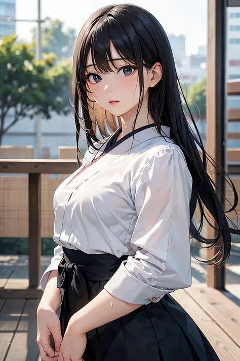  8k resolution,((Top Quality)),super high resolution, Adult Female, alone,  sexy, (expressionless), (black eyes), beautiful symmetrical face, (long black hair),Japanese martial arts uniform,black long skirt,realistic:1.4,realistic:1.4,(masterpiece:1.2), Pe...